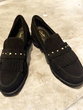 Clarks Black Suede Kiltie Loafers with Metallic Studs